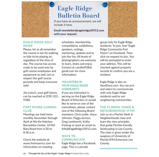 Eagle Ridge Bulletin Board page of community announcements