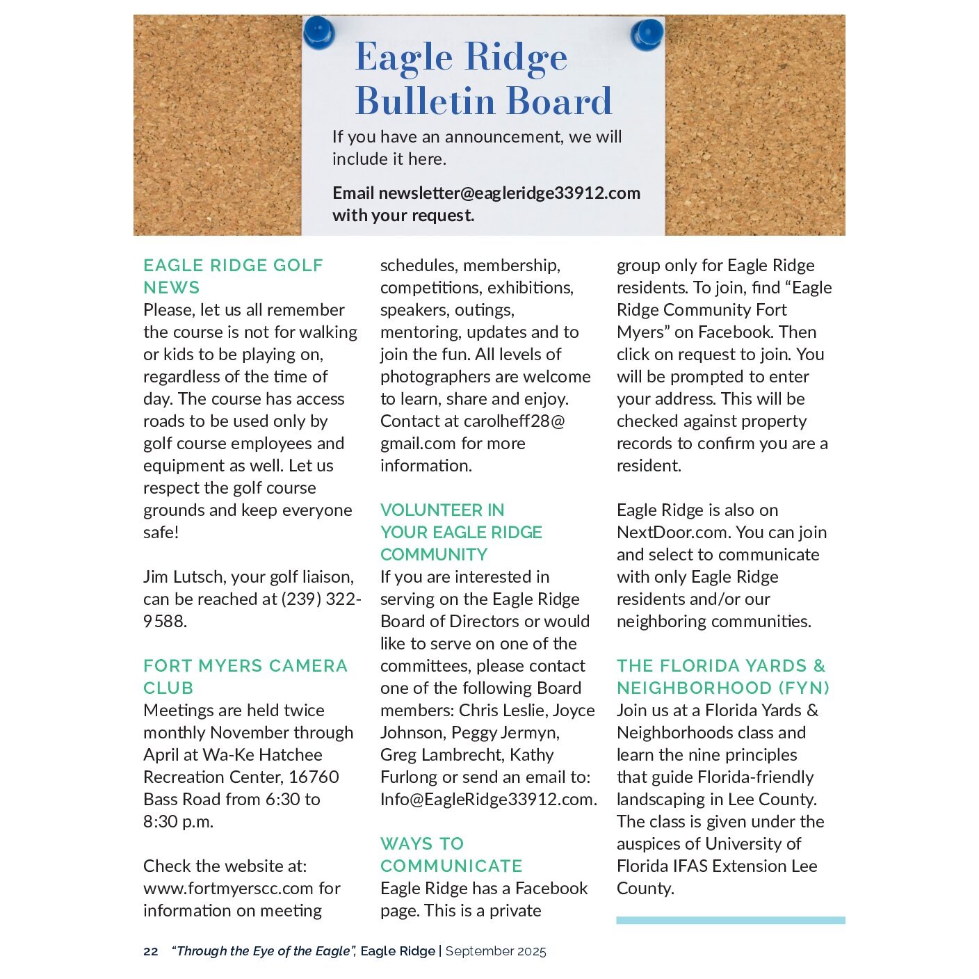 Eagle Ridge Bulletin Board page of community announcements
