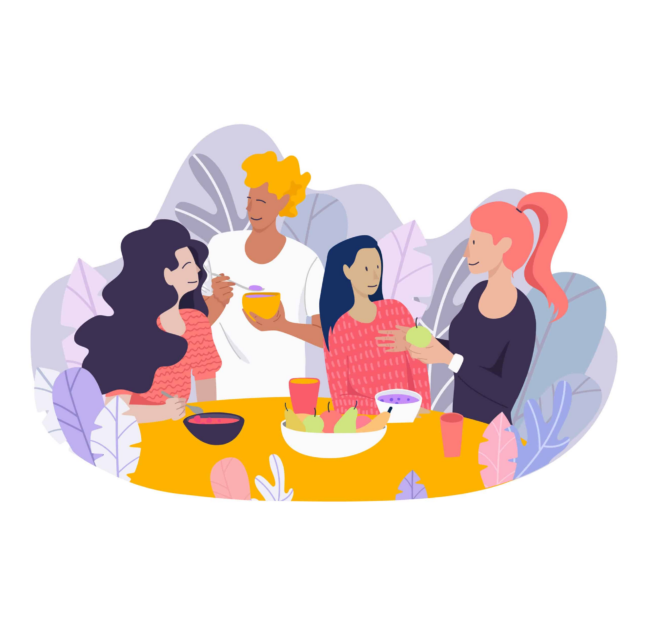 Illustration of women sharing a meal at a club luncheon