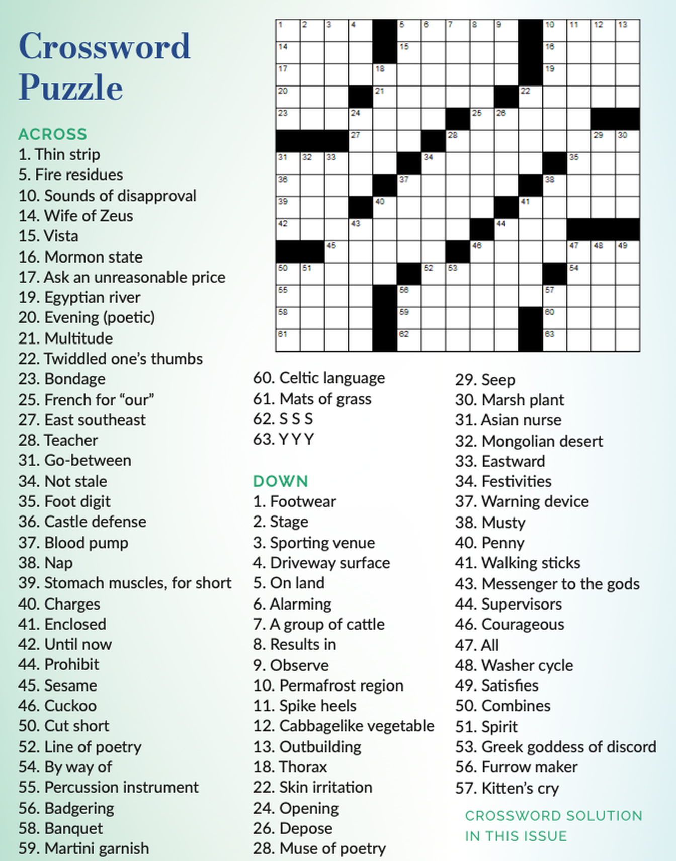 September crossword puzzle grid with across and down clues