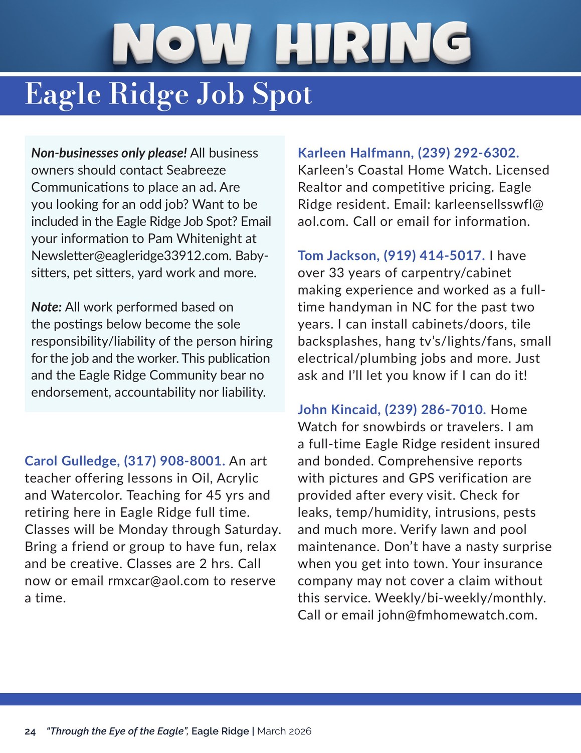 Eagle Ridge Job Spot listings, page one, under a Now Hiring banner