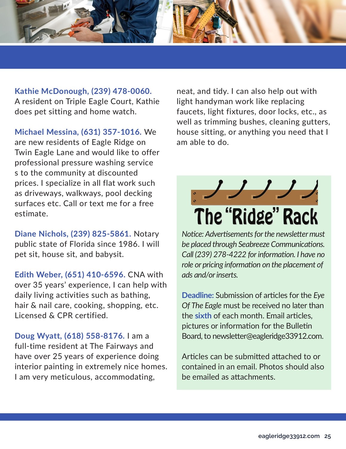 Eagle Ridge Job Spot listings, page two, with The Ridge Rack notice