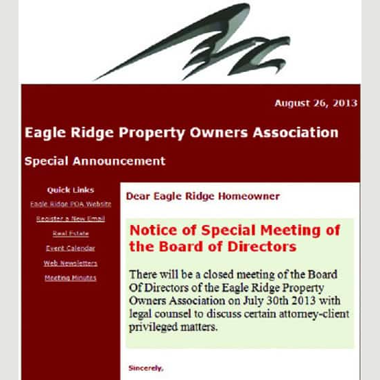 Eagle Ridge Property Owners Association special announcement notice