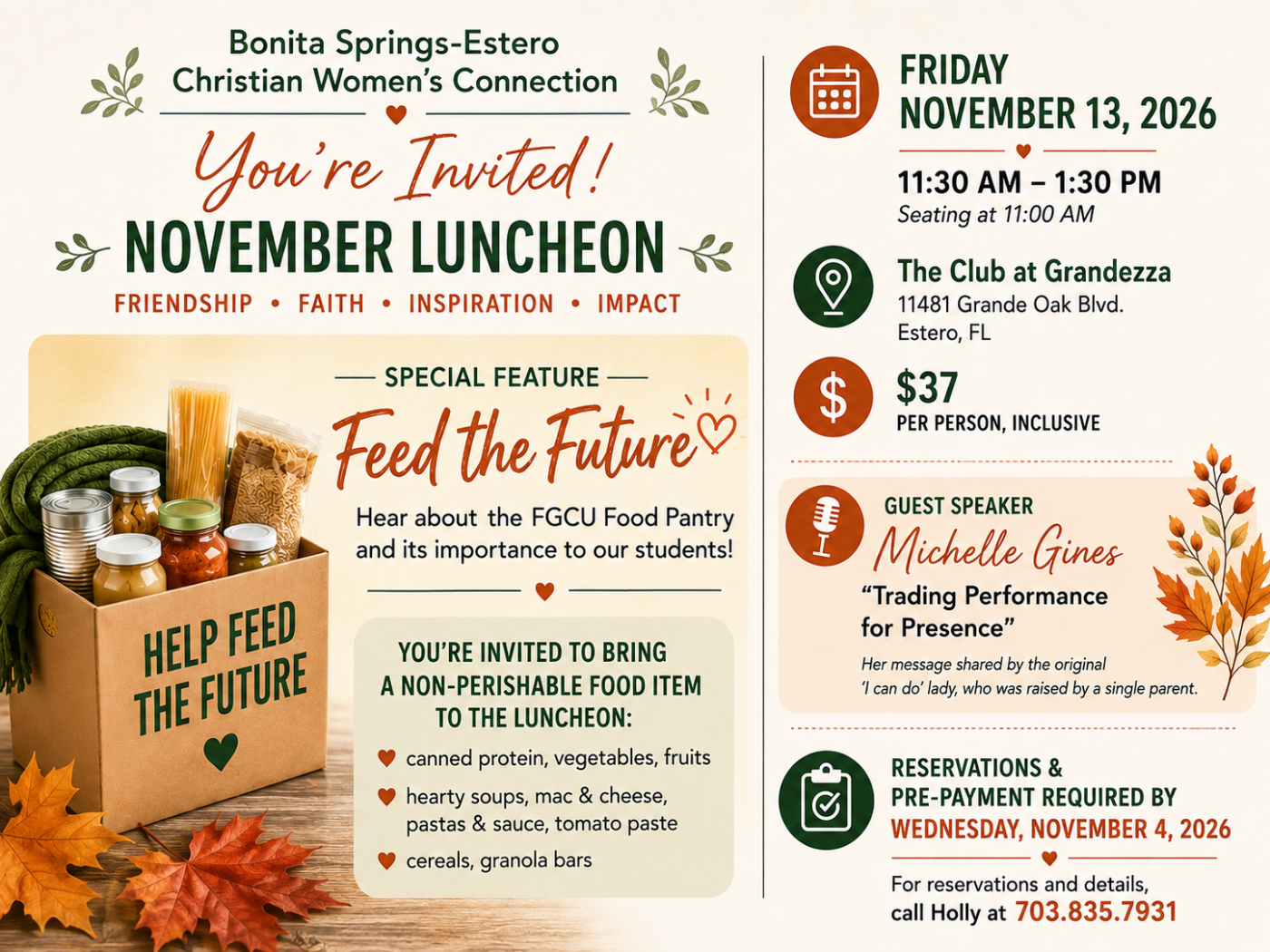 Flyer for the Bonita Springs-Estero Christian Women’s Connection November luncheon